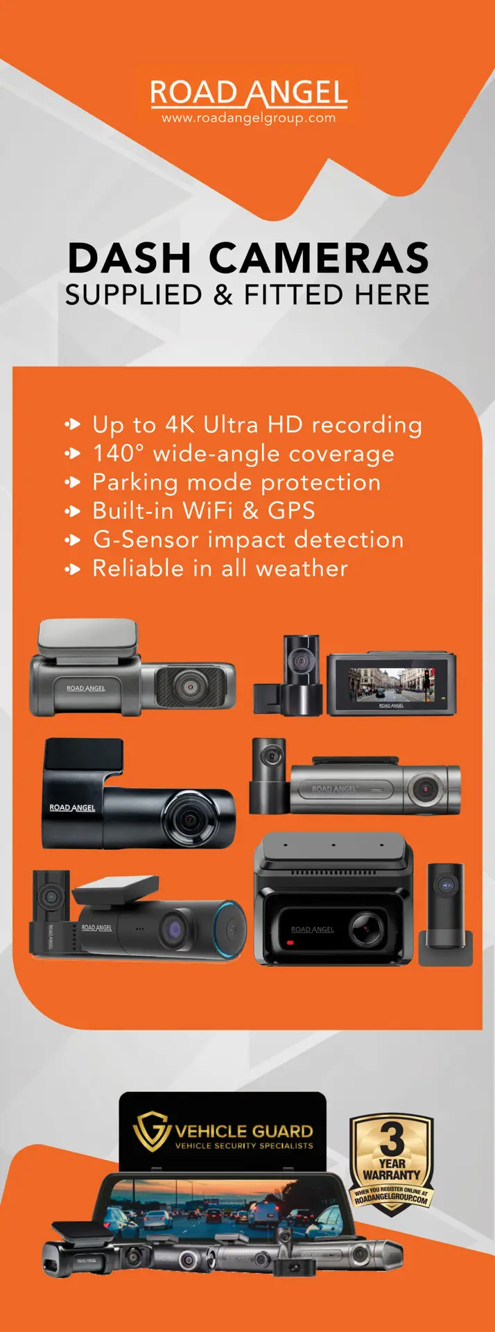 Road Angel dash camera range supplied and fitted by Vehicle Guard