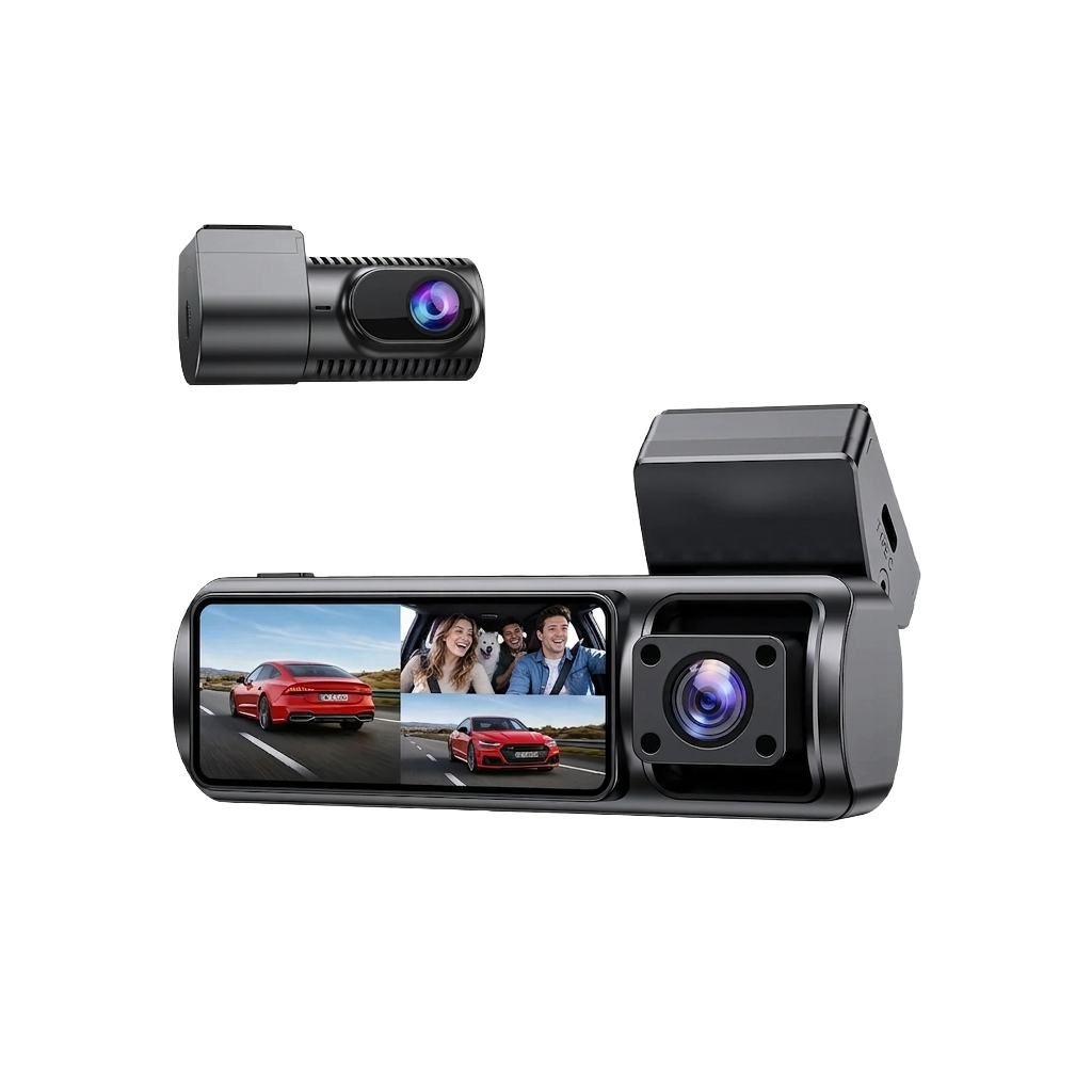 Vision Trio three-channel dash camera recording the road, the cabin and the road behind